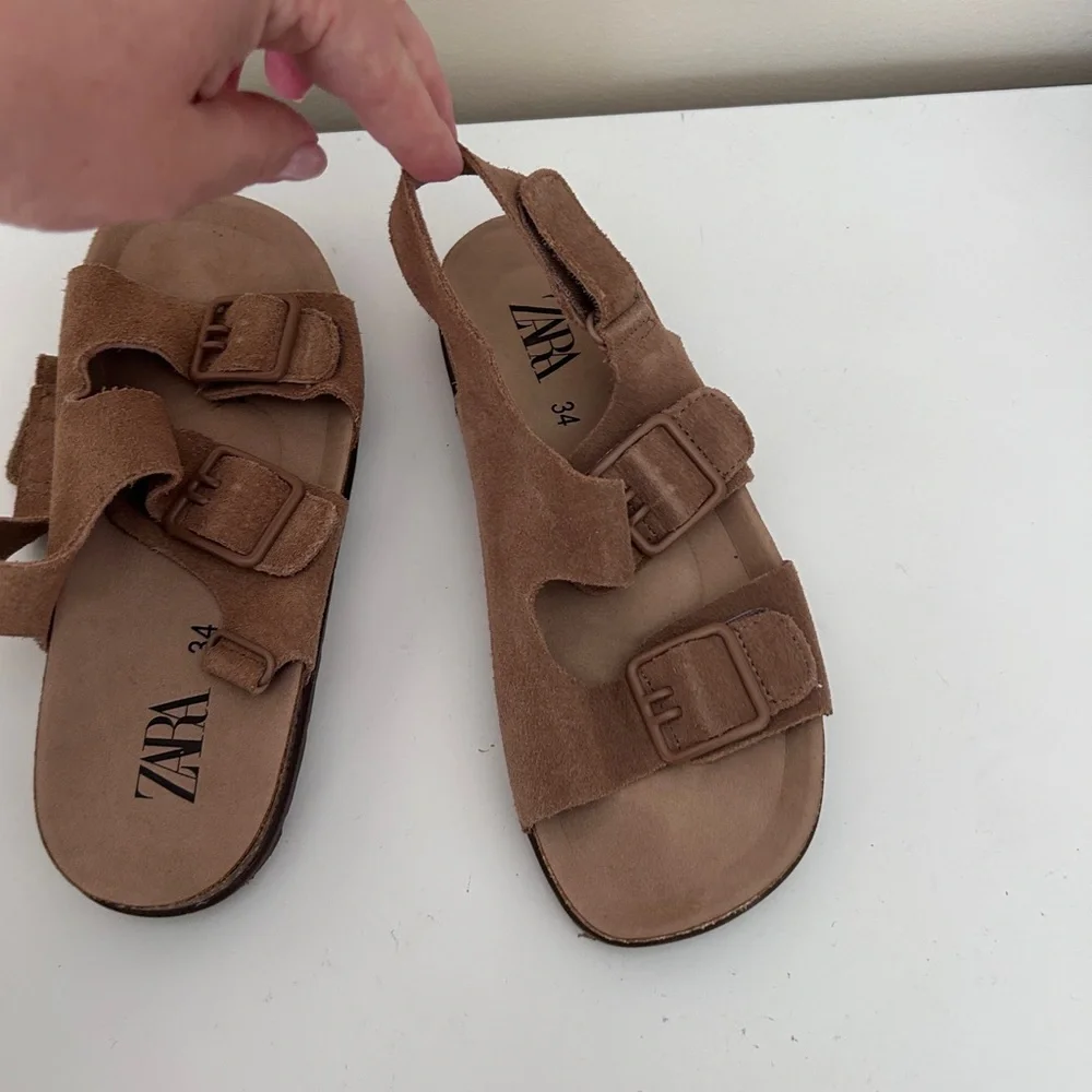 Zara Kids Tan Suede Double-Buckle Slide Sandals